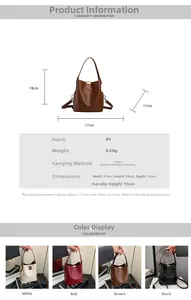 Detailed size chart for the PU leather bucket bag with dimensions and multi-color options