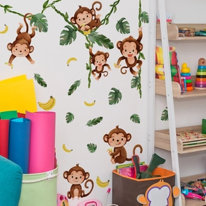 Cute jungle monkey wall stickers with tropical leaves for nursery and kids room decor