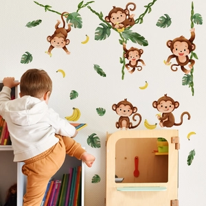 Forest cartoon monkey wall decals for children's room with watercolor animal wall stickers