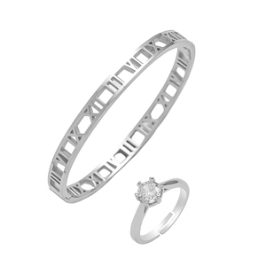 Silver stainless steel jewelry set with Roman numeral bangle and solitaire ring