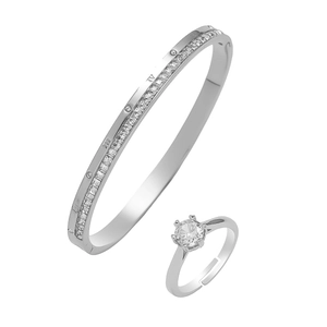 Silver stainless steel roman numeral bangle set with matching adjustable single diamond ring