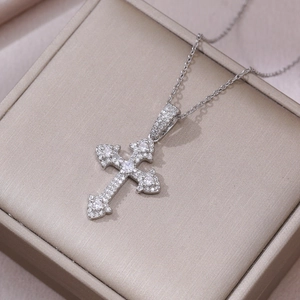 Hip hop silver cross pendant necklace with zircon stones and polished steel chain
