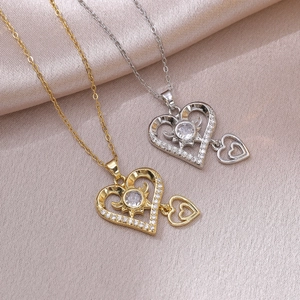Collier Pendentif Cœur Élégant Incrustation Zircon Strass Double Cœur Creux Design Acier Titane Cuivre Pour Femmes