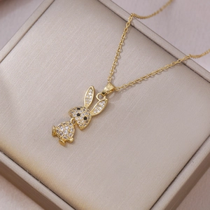 Cute Rabbit Pendant Necklace Gold Plated Stainless Steel Sparkly Cubic Zirconia Animal Shape Clavicle Chain For Women