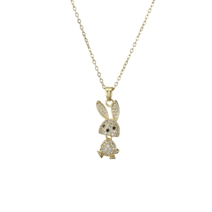 Fashionable rabbit pendant necklace with sparkling white zircons on a golden chain