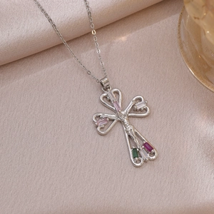 Silver crucifix necklace with micro-inlaid colored zircons and Jesus figure pendant