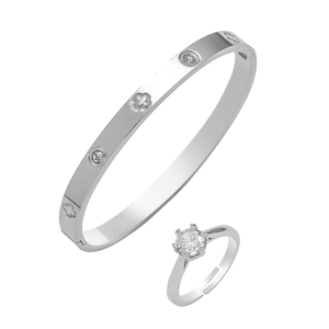 Ensemble bijoux bracelet trèfle en acier inoxydable argenté et bague strass
