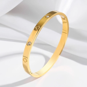 Stainless Steel Bangle Clover Flower Rhinestone Hinge Buckle Cuff Bracelet Fashion Jewelry For Women