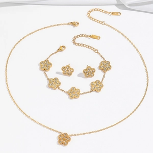 Parure élégante trèfle en plaqué or 18K avec collier, bracelet et boucles d'oreilles