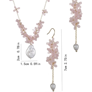 Detailed size specifications for pink flower and baroque pearl necklace and earrings set