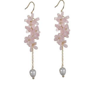 Elegant drop earrings featuring pink resin flowers and natural baroque pearls for women