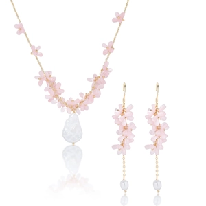 Titanium Steel Freshwater Pearl Flower Jewelry Set Elegant Pink Rhinestone Baroque Pearl Drop Necklace Earrings Gift For Women Party