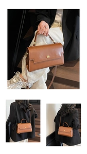 Detail view of brown leather bag with gold 86 logo and versatile crossbody strap options