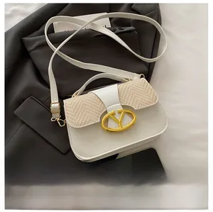 Detail of saddle bag featuring beige leather, woven texture, and gold V-logo buckle