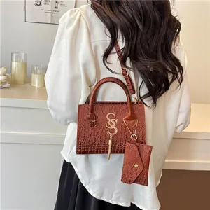Brown crocodile pattern crossbody bag for women with gold SS charm and mini purse set