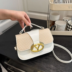 Women Patchwork Crossbody Bag PU Leather Woven Gold Buckle Top Handle Vintage Casual Shoulder Handbag