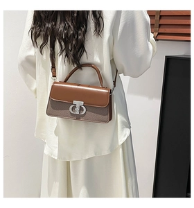 Detailed view of two-tone fabric and leather shoulder bag with metallic CD clasp