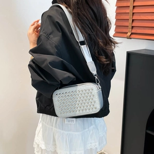 Chic silver crossbody bag with sparkling rhinestones and wide strap for women