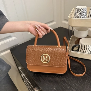 Women Small Square Handbag PU Leather Woven Flap Crossbody Bag Metal M Logo Retro Fashion Handheld Shoulder Bag
