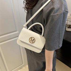 Chic white crossbody bag with crocodile texture and gold M logo for women