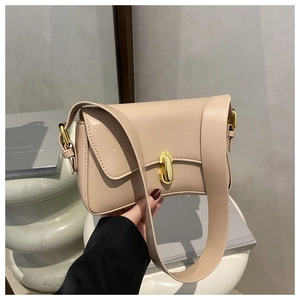 Close-up of beige square crossbody bag with gold metal buckle and wide strap detail