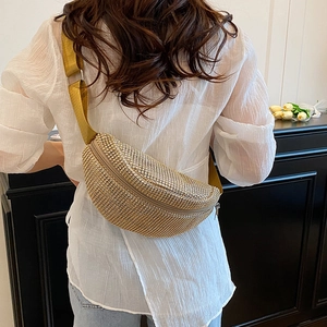 Sparkling gold rhinestone crossbody fanny pack with adjustable wide shoulder strap
