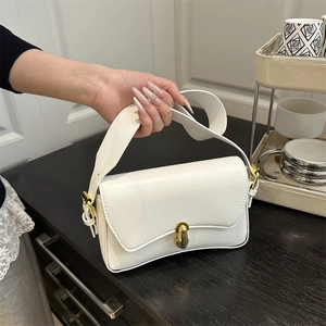 Minimalist Women PU Leather Shoulder Bag Retro Baguette Underarm Bag With Gold Metal Lock Trendy Casual Flap Square Crossbody Bag