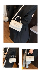 Close-up of cream patent leather square bag with metal buckle and shoulder strap