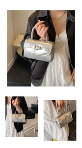 Silver patent leather handbag with vintage buckle and round handle shown from multiple angles