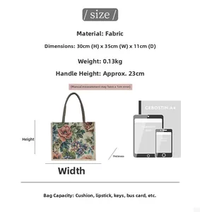 Detailed size specifications for the vintage floral linen tote bag with fabric dimensions