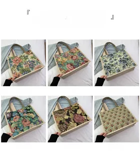 Detailed grid view showing six vintage floral patterns on linen tote bags for women
