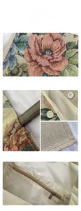 Detail of vintage linen tote bag featuring rose jacquard pattern and metal magnetic closure