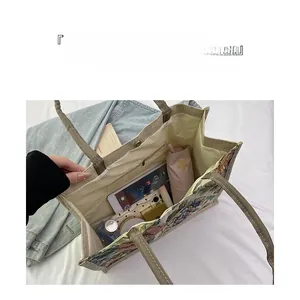 Internal layout of floral linen tote bag showing spacious storage for daily essentials