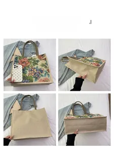Detailed multi-angle view of a vintage floral linen tote bag with sturdy round handles