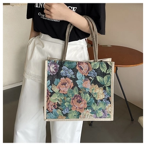 Detailed shot of retro floral linen tote bag with sturdy thick hemp rope handles