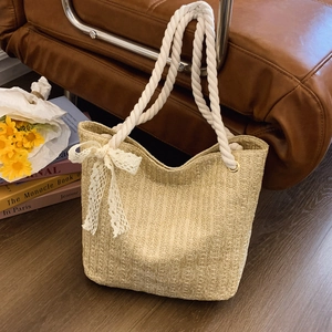 Women Fashion Straw Tote Bag Large Capacity Woven Handbag With Cotton Rope Handle Lace Bow For Summer Beach Vacation