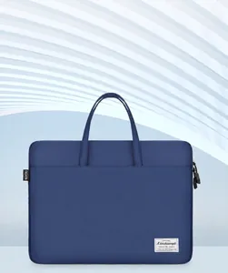 Detailed macro view of navy blue laptop bag with high-density waterproof canvas texture