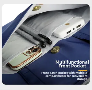 Detail of multi-functional front pocket with organized slots for phone and pens