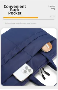 Detail of minimalist laptop bag back pockets holding a smartphone and wireless mouse