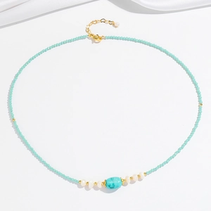 Bohemian mint green bead necklace with turquoise pendant and natural freshwater pearl