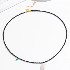 French style baroque pearl necklace with black faceted beads and white star pendant