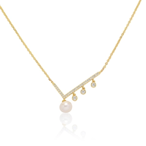 Collier Pendentif En V Élégant Acier Inoxydable Plqué Or Avec Perle D'eau Douce Et Charmes De Zircon Bijoux Rétro Français Femmes