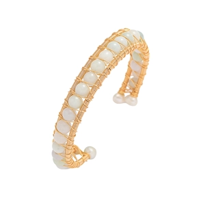 Wire Wrapped Bangle Bracelet Copper Natural Stone Freshwater Pearl Open Adjustable Elegant Minimalist Jewelry For Women