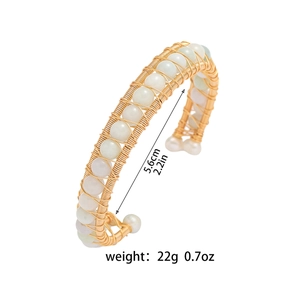 Minimalist wire-wrapped open bangle with natural green stone beads and 5.6cm inner diameter