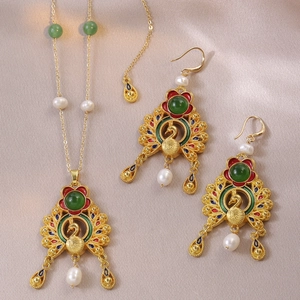 Peacock Enamel Jewelry Set Freshwater Pearl Gemstone Pendant Necklace And Dangle Earrings Ethnic Retro Style For Women