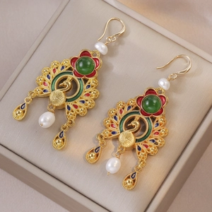 Peacock enamel earrings with natural freshwater pearls and vintage gold finish