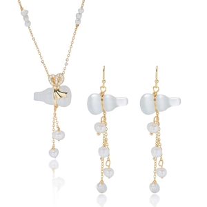 Hulu Gourd Pendant Necklace And Earrings With Freshwater Pearl Cat Eye Stone Vintage Ethnic Style For Women Gold Plated