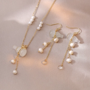 Ethnic style jewelry set with gourd opal pendants, freshwater pearls and gold necklace