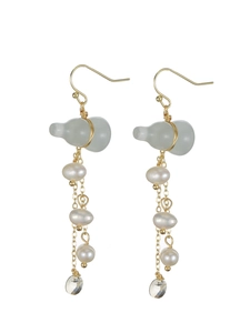 Detail of ethnic gold-plated drop earrings with jade gourds and natural pearls