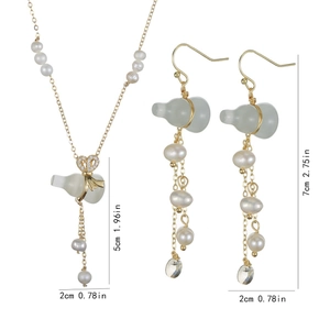 Ethnic style jewelry set with gold wrapped jade gourd, pearls and butterfly details